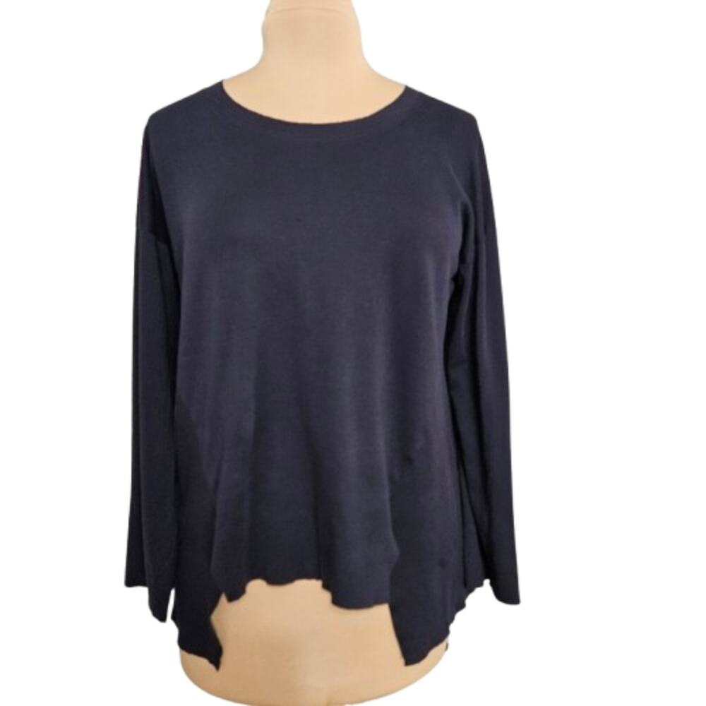 Planet Top Womens Navy Blue Raw Neckline Assymetrical Hem Lagenlook One Size Tee